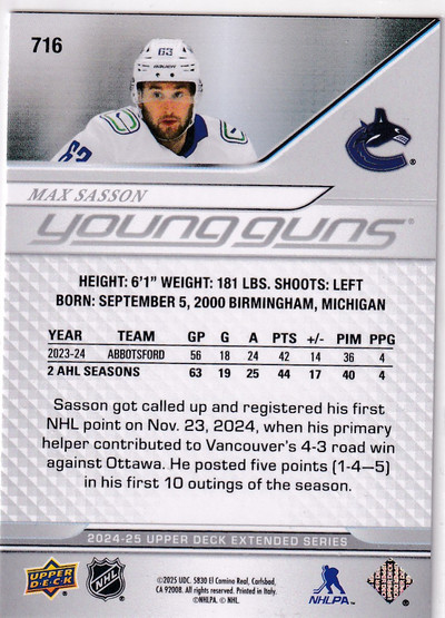 2024-25 Upper Deck #716 Max Sasson YG RC