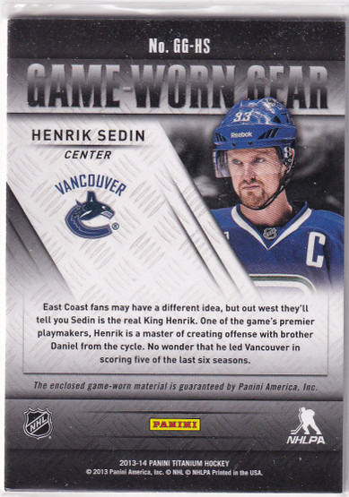  2013-14 Panini Titanium Game Worn Gear #GGHS Henrik Sedin