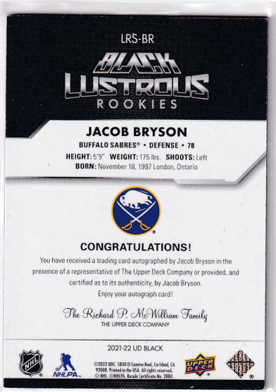  2021-22 UD Black Lustrous Rookie Signatures #LRSBR Jacob Bryson/299