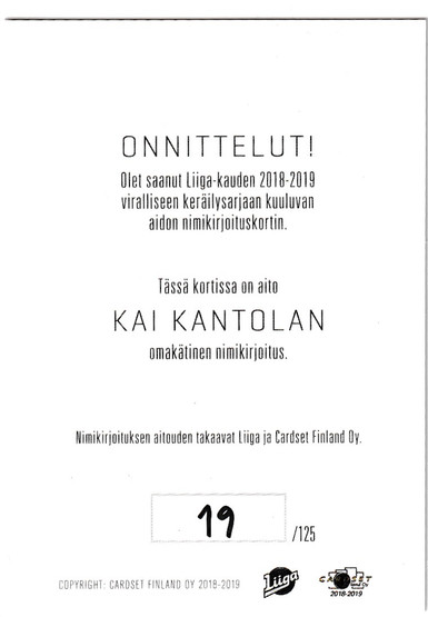 2018-19 Cardset Signature Kai Kantola /125