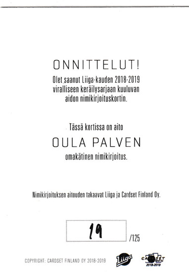 2018-19 Cardset Signature Oula Palve /125