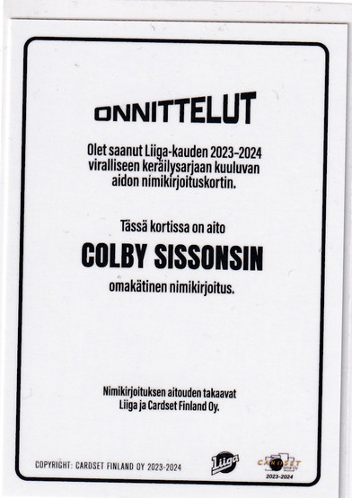 2023-24 Cardset Signature Colby Sissons /100