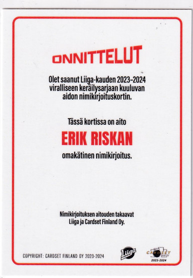 2023-24 Cardset Signature Erik Riska /100