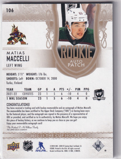  2022-23 The Cup Gold #106 Matias Maccelli JSY AU/24
