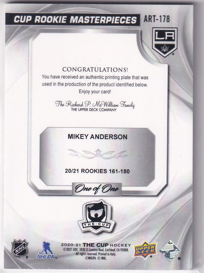  2020-21 The Cup Printing Plates Artifacts Cyan #178 Mikey Anderson 1/1