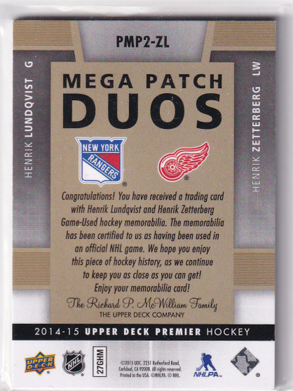 2014-15 Upper Deck Premier Mega Patch Duos #PMP2ZL Henrik Lundqvist/Henrik Zetterberg /15
