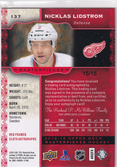  2014-15 UD Masterpieces Autographs Framed Red Cloth #137 Nicklas Lidstrom/15