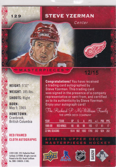  2014-15 UD Masterpieces Autographs Framed Red Cloth #129 Steve Yzerman/15