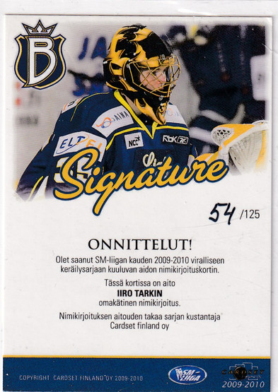 2009-10 Cardset Signature Iiro Tarkki /125 