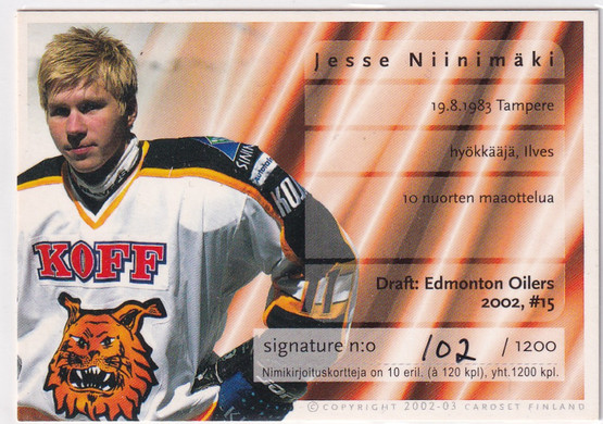 2002-03 Cardset Signature Jesse Niinimäki /1200 