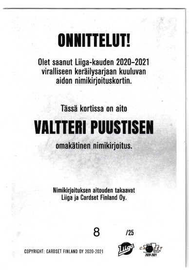 2020-21 Cardset Signature Limited Valtteri Puustinen /25