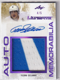  2017-18 Leaf Ultimate Ultimate Autograph Memorabilia Purple Spectrum #UAMTS1 Teemu Selanne/5 
