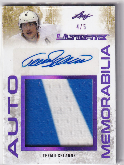  2017-18 Leaf Ultimate Ultimate Autograph Memorabilia Purple Spectrum #UAMTS1 Teemu Selanne/5 
