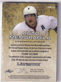  2017-18 Leaf Ultimate Ultimate Autograph Memorabilia Purple Spectrum #UAMTS1 Teemu Selanne/5 
