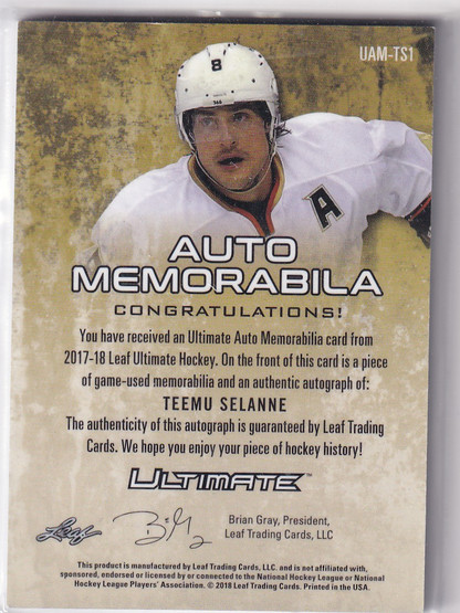  2017-18 Leaf Ultimate Ultimate Autograph Memorabilia Purple Spectrum #UAMTS1 Teemu Selanne/5 
