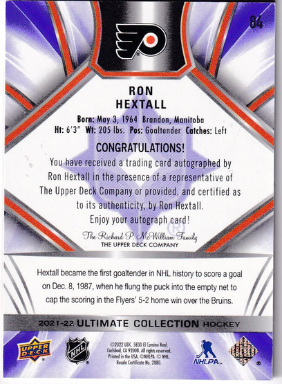  2021-22 Ultimate Collection Autographs Purple #84 Ron Hextall /5