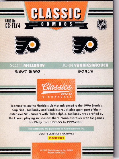  2012-13 Classics Signatures Classic Combos Dual Autographs #21 John Vanbiesbrouck/100/Scott Mellanby