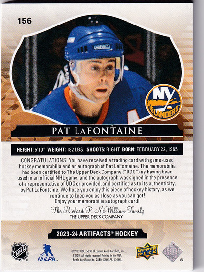  2023-24 Artifacts Material Autographs Orange #156 Pat LaFontaine/5