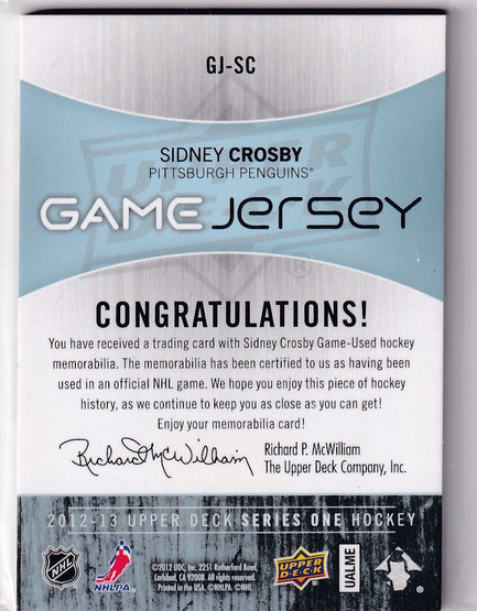  2012-13 Upper Deck Game Jerseys Patches #GJSC Sidney Crosby /15