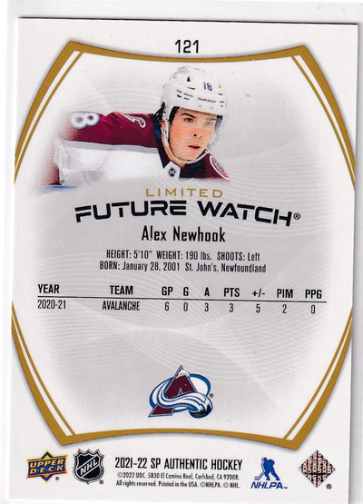  2021-22 SP Authentic Limited Gold #121 Alex Newhook FW /99