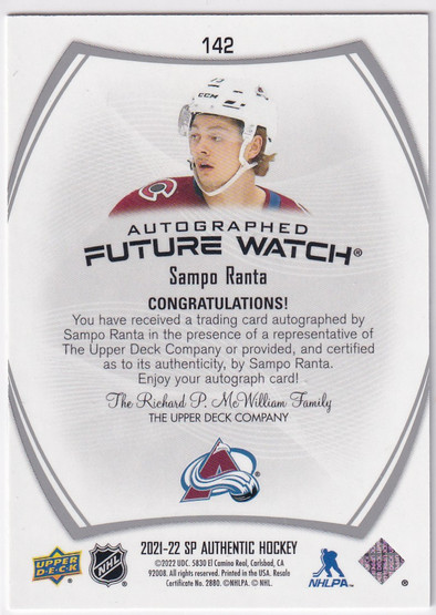  2021-22 SP Authentic #142 Sampo Ranta FW AU/949* RC