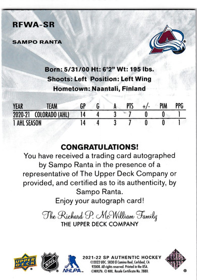  2021-22 SP Authentic '11-12 Retro Future Watch Autographs #RFWASR Sampo Ranta/499