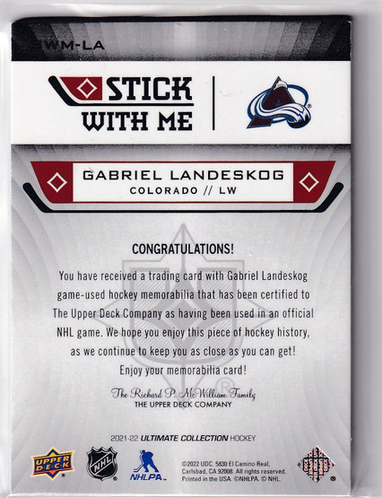  2021-22 Ultimate Collection Stick With Me #SWMLA Gabriel Landeskog /35