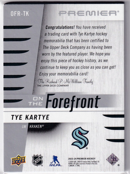  2023-24 Upper Deck Premier On the Forefront Rookies PATCH Black #OFRTK Tye Kartye /75