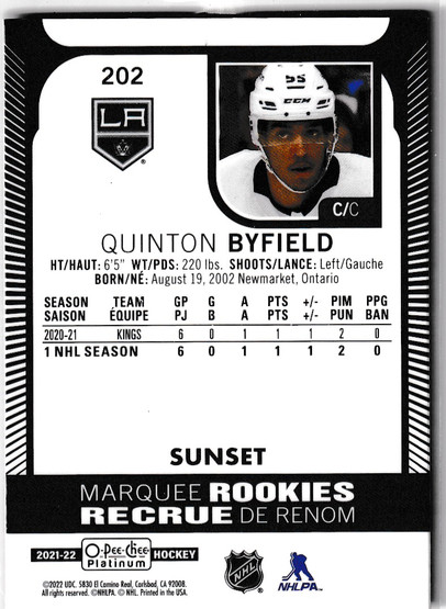  2021-22 O-Pee-Chee Platinum Sunset #202 Quinton Byfield