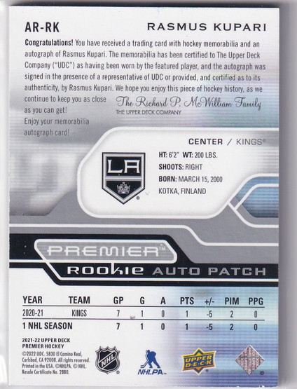  2021-22 Upper Deck Premier Acetate Rookie Patch Autographs #ARRK Rasmus Kupari/249