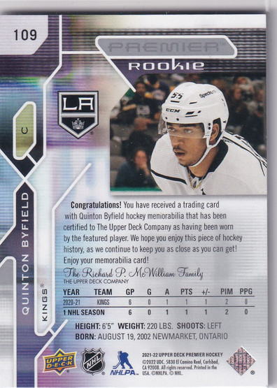  2021-22 Upper Deck Premier Jerseys #109 Quinton Byfield