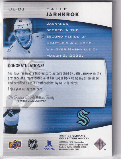  2021-22 Ultimate Collection Ultimate Emblems Autographs #UECJ Calle Jarnkrok