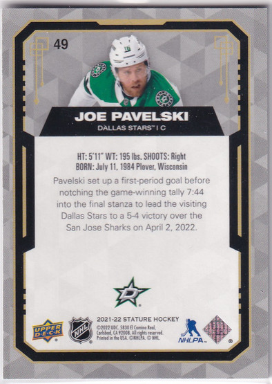  2021-22 Upper Deck Stature Design Photo Variant #49 Joe Pavelski /22