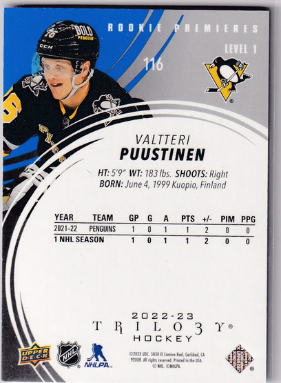  2022-23 Upper Deck Trilogy Blue #116 Valtteri Puustinen/199