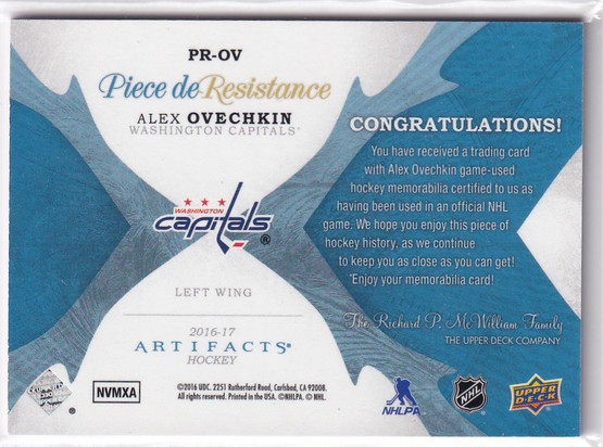  2016-17 Artifacts Piece de Resistance #PROV Alexander Ovechkin A