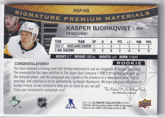  2021-22 Ultimate Collection Rookie Signature Premium Materials #RSPKB Kasper Bjorkqvist/35