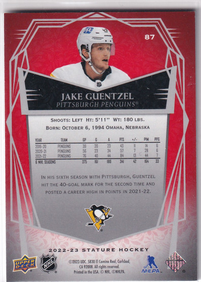  2022-23 Upper Deck Stature Design Photo Variant Red #87 Jake Guentzel /11