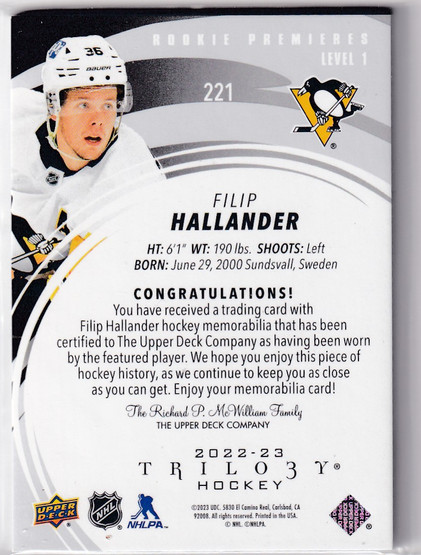  2022-23 Upper Deck Trilogy Black #221 Filip Hallander TAG/5