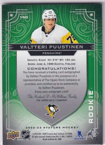  2022-23 Upper Deck Stature Photo Variant Autographs Green #160 Valtteri Puustinen/20