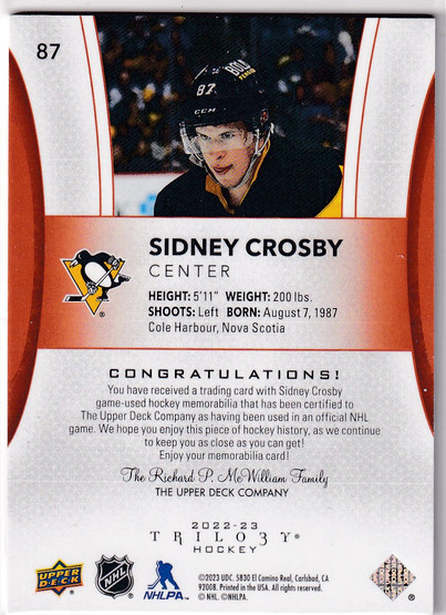  2022-23 Upper Deck Trilogy Orange #87 Sidney Crosby JSY