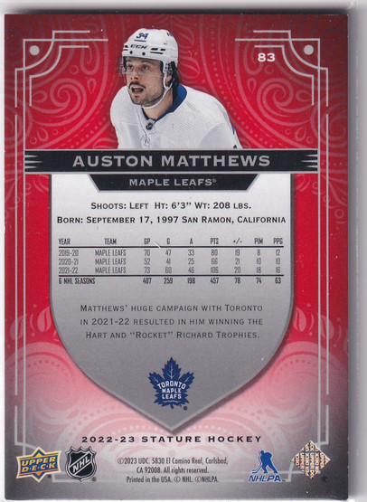  2022-23 Upper Deck Stature Photo Variant Red #83 Auston Matthews /33