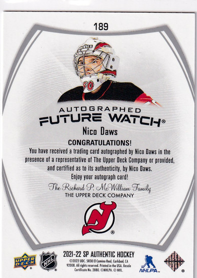  2021-22 SP Authentic #189 Nico Daws FW AU/949* RC