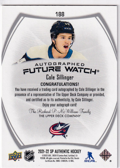  2021-22 SP Authentic #188 Cole Sillinger FW AU/949* RC
