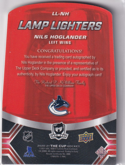  2020-21 The Cup Lamp Lighters Autographs #LLNH Nils Hoglander A