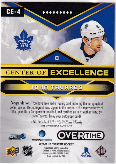  2020-21 Upper Deck Overtime Center of Excellence Autographs Gold Rainbow #CE4 John Tavares /3