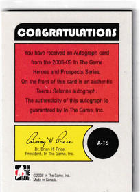  2008-09 ITG Heroes and Prospects Autographs #ATS Teemu Selanne SP