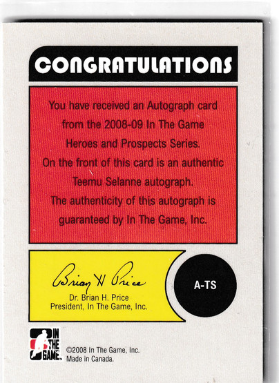  2008-09 ITG Heroes and Prospects Autographs #ATS Teemu Selanne SP