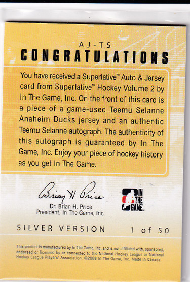 2009-10 ITG Superlative Jerseys Autographs Silver #AJTS Teemu Selanne /50