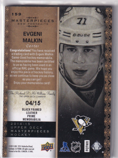  2014-15 UD Masterpieces Memorabilia Framed Black Leather #159 Evgeni Malkin/15 BW