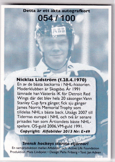  2004-05 Swedish Alfabilder Limited Autographs #107 Nicklas Lidstrom /100